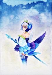 Rule 34 | 1girl, armor, armored dress, blue eyes, blue theme, choker, dress, feathers, gwendolyn (odin sphere), multicolored wings, odin sphere, oshiruko (tsume), painting (medium), polearm, pteruges, strapless, strapless dress, tiara, traditional media, valkyrie, watercolor (medium), weapon, wings