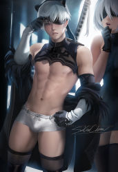 Rule 34 | 1boy, 1girl, a2 (nier:automata) (cosplay), abs, animal ears, black gloves, black thighhighs, blindfold, blush, boots, breasts, cat ears, choker, cosplay, dress, elbow gloves, gloves, hairband, long sleeves, mole, mole under mouth, nier:automata, nier (series), puffy sleeves, sakimichan, short hair, thighhighs, white hair, 2b (nier:automata), 9s (nier:automata), a2 (nier:automata)