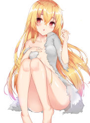 Rule 34 | 1girl, absurdres, arifureta shokugyou de sekai saikyou, arm up, blonde hair, breasts, convenient leg, deogho (liujinzy9854), hand on own chest, highres, knees up, legs, long hair, nude, open mouth, red eyes, simple background, sitting, small breasts, solo, towel, very long hair, white background, yue (arifureta)
