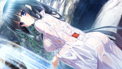 1girl ass back black_hair blue_eyes blush breasts dutch_angle female_focus game_cg japanese_clothes kimono long_hair long_sleeves looking_at_viewer looking_back misono_tsubura naked_kimono nipples outdoors sash see-through_clothes sideboob solo standing tsumi_no_hikari_rendezvous very_long_hair water waterfall wet wet_clothes