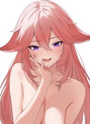 1girl absurdres animal_ears blush breasts cleavage collarbone commentary completely_nude daria_(user_hktv8452) eyeshadow fingernails floppy_ears fox_ears fox_girl genshin_impact hair_between_eyes hand_on_own_cheek hand_on_own_face hand_up highres large_breasts long_hair looking_at_viewer makeup nail_polish nude open_mouth pink_eyeshadow pink_hair pink_nails purple_eyes simple_background smile solo teeth upper_body upper_teeth_only white_background yae_miko