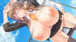 Rule 34 | 1girl, against fence, arms up, between breasts, blue eyes, blush, boku no kanojo wa ecchi na sensei, breasts, breasts out, brown hair, clenched teeth, clothed sex, clothes lift, clothes pull, cloud, day, fence, from below, game cg, glasses, groin, hayama kazusa, huge breasts, leaning forward, legs, long hair, looking at viewer, necktie, nipples, no bra, ogin bara, one eye closed, original, outdoors, panties, panty pull, pantyhose, pantyhose pull, pussy juice, red-framed eyewear, sex, skirt, skirt lift, sky, solo focus, standing, teeth, thighs, unbuttoned, uncensored, underwear, vaginal, wet
