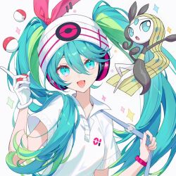 Rule 34 | 1girl, aqua eyes, aqua hair, bag, bow, bracelet, collared shirt, commentary, creatures (company), game freak, gen 5 pokemon, gloves, green hair, hair bow, hatsune miku, headband, headphones, highres, holding, holding poke ball, jewelry, legendary pokemon, long hair, looking at viewer, meloetta, meloetta (aria), multicolored hair, mythical pokemon, nintendo, official alternate costume, open mouth, osage (8545675), poke ball, poke ball (basic), pokemon, pokemon (creature), project voltage, psychic miku (project voltage), red bow, shirt, short sleeves, shoulder bag, simple background, single glove, twintails, two-tone hair, upper body, vocaloid, white background, white gloves, white headband