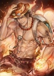 Rule 34 | 1boy, abs, backpack, bad id, bad twitter id, bag, beads, belt, brown hair, fire, freckles, goriraneesan, jewelry, knife, male focus, muscular, navel, one piece, pendant, portgas d. ace, prayer beads, red eyes, smile, solo, tattoo, topless male