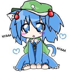 Rule 34 | 1girl, animal ears, backpack, bag, blue eyes, blue hair, blush stickers, cat ears, cat girl, cat tail, dress, female focus, hair bobbles, hair ornament, hard-translated, hat, heart, kawashiro nitori, key, lowres, matching hair/eyes, no nose, nukoneko (nuneko), open mouth, sitting, solo, tail, third-party edit, touhou, translated, twintails