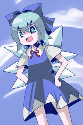 Rule 34 | 1girl, bad id, bad pixiv id, blue hair, bow, cirno, embodiment of scarlet devil, female focus, hands on own hips, ribbon, smile, solo, touhou, wings, yusa (be2001)