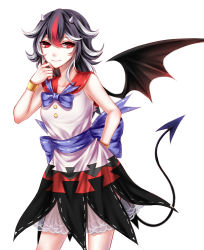 Rule 34 | 1girl, adapted costume, arm behind back, bad id, bad pixiv id, black hair, black nails, bracelet, breasts, cone horns, demon tail, demon wings, dress, finger to own chin, grey horns, hair between eyes, highres, horns, jewelry, kijin seija, long hair, looking at viewer, multicolored hair, nail polish, red hair, ribbon-trimmed collar, ribbon trim, sailor collar, see-through, sheya, short dress, simple background, sleeveless, sleeveless dress, small breasts, smile, solo, streaked hair, tail, touhou, white background, white dress, white hair, wings