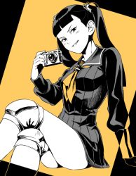 Rule 34 | 1girl, ace attorney, bad id, bad pixiv id, black hair, blush, camera, female focus, grin, knee pads, crossed legs, long hair, long sleeves, looking at viewer, lotter75, monochrome, myriam scuttlebutt, phoenix wright: ace attorney - dual destinies, school uniform, serafuku, smile, solo, spoilers, spot color, twintails