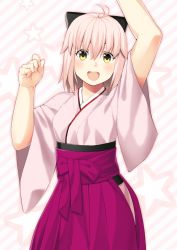 Rule 34 | 1girl, :d, ahoge, arm up, bad id, bad pixiv id, black bow, bow, fate/grand order, fate (series), hair bow, japanese clothes, kimono, koha-ace, looking at viewer, mugipot, okita souji (fate), okita souji (koha-ace), open mouth, pink hair, short hair, smile, solo, star (symbol), star print, striped, striped background, yellow eyes