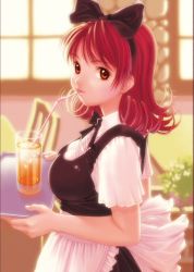 Rule 34 | 1girl, black bow, black bowtie, bow, bowtie, breasts, cup, day, dress, drink, drinking, drinking glass, drinking straw, female focus, from side, indoors, kobayashi yuji, looking at viewer, pinafore dress, red hair, short sleeves, sleeveless dress, solo, tray, waitress