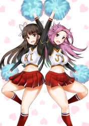 Rule 34 | 2girls, absurdres, black hair, breasts, cheering, cheerleader, hair ribbon, heart, heart background, highres, hime cut, hiyou (kancolle), holding, holding pom poms, jun&#039;you (kancolle), kantai collection, large breasts, long hair, long sleeves, looking at viewer, midriff, minase (takaoka nanase), multiple girls, navel, open mouth, pleated skirt, pom pom (cheerleading), pom poms, purple eyes, purple hair, red eyes, red legwear, ribbon, skirt, sweat, thighs
