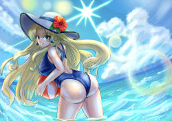 Rule 34 | 1girl, absurdres, artist request, ass, backless swimsuit, blonde hair, blue one-piece swimsuit, blue sky, breasts, capcom, cloud, competition swimsuit, earrings, green eyes, hat, highres, jewelry, kalinka cossack (mega man), large breasts, long hair, looking at viewer, looking back, mega man (series), one-piece swimsuit, rockman xover, sideboob, sky, smile, summer, sun hat, swimsuit, wading, water