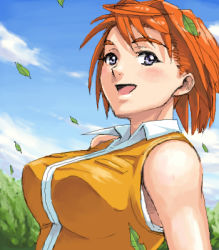 Rule 34 | 00s, 1girl, arm at side, bare arms, bare shoulders, blush, breasts, cloud, collared shirt, day, eyebrows hidden by hair, grey eyes, hair intakes, large breasts, leaf, looking at viewer, lowres, my-hime, neck, nigou, open mouth, orange hair, outdoors, shirt, short hair, sky, sleeveless, sleeveless shirt, smile, solo, thick eyebrows, tokiha mai, upper body, yellow shirt