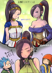 Rule 34 | 1girl, 2boys, ?, bandana, black gloves, blue cape, blue hair, blue shirt, blush, breasts, brown corset, brown hair, camus (dq11), cape, circlet, cleavage, closed eyes, collarbone, commentary request, corset, cosplay, dragon quest, dragon quest viii, dragon quest xi, dress, fingerless gloves, gloves, green shirt, hair ornament, hair over one eye, hair scrunchie, hero (dq11), hero (dq8), hero (dq8) (cosplay), highres, jessica albert, jessica albert (cosplay), large breasts, long hair, long sleeves, martina (dq11), medea (cosplay), medea (dq8), multiple boys, o-ring collar, orange scrunchie, pekuchin (pekuchin 3), ponytail, purple eyes, purple hair, purple shirt, red bandana, scrunchie, shirt, spiked hair, thought bubble, translation request, twitter username, very long hair, vest, white dress, yellow vest