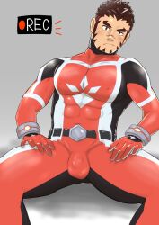 Rule 34 | 1boy, akashi (live a hero), bara, covered abs, covered erect nipples, covered penis, dotsu (wtnbkwiyd), facial hair, feet out of frame, goatee, highres, large pectorals, leaning to the side, live a hero, long sideburns, male focus, muscular, muscular male, pectorals, recording, red eyes, red hair, scar, scar on face, scar on nose, short hair, sideburns, sitting, solo, superhero costume, thick eyebrows, v-shaped eyebrows
