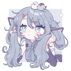 Rule 34 | 1girl, absurdres, animal, animal on head, arm tattoo, bare shoulders, bird, bird on head, blush, bored, closed mouth, collared shirt, detached sleeves, frown, grey background, grey eyes, grey hair, grey shirt, hair ornament, hairclip, hands up, hatsune miku, heart, highres, holding, holding own hair, leaning forward, looking ahead, messy hair, nail polish, necktie, nicogoly, on head, outside border, shirt, squeans, tattoo, twintails, vocaloid, waking up