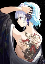 Rule 34 | 1girl, absurdres, back tattoo, bare back, black background, black kimono, blue hair, blunt bangs, flower, hair flower, hair ornament, highres, japanese clothes, kimono, lize helesta, lize helesta (6th costume), long hair, looking at viewer, multicolored hair, nijisanji, ogura tubuan, open clothes, open kimono, purple eyes, solo, tattoo, two-tone hair, virtual youtuber, white hair