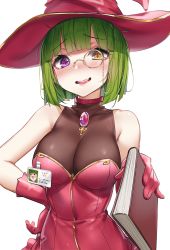 Rule 34 | 1girl, absurdres, bare shoulders, blush, book, breasts, choker, cleavage, collarbone, dress, gem, gloves, green hair, hand on own hip, hat, heterochromia, highres, holding, holding book, large breasts, looking at viewer, monocle, name tag, nose blush, open mouth, original, pink choker, pink dress, pink gloves, pink hat, purple eyes, saliva, see-through, short hair, simple background, smile, solo, symbol-shaped pupils, wet.elephant, white background, witch hat, yellow eyes, zipper pull tab