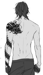 Rule 34 | 10s, 1boy, back, dragon, from behind, gloves, half gloves, male focus, monochrome, ookurikara, personification, topless male, simple background, solo, tattoo, touken ranbu, vient, white background