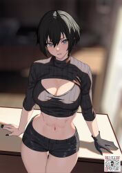 Rule 34 | 1girl, abs, absurdres, black gloves, black hair, black nails, black shirt, black shorts, blue eyes, blurry, blurry background, breasts, bright pupils, cleavage, cleavage cutout, clothing cutout, commentary, cowboy shot, crop top, english commentary, fingernails, gloves, hair between eyes, highres, indoors, kuso otoko, large breasts, lillie (kuso otoko), long fingernails, looking at viewer, midriff, nail polish, navel, original, parted lips, qr code, ribbed shirt, shadow, shirt, short hair, short shorts, shorts, single glove, sleeves past elbows, solo, stippling (texture), sunlight, teeth, thigh gap, toned, turtleneck, white pupils