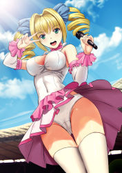 Rule 34 | 1girl, absurdres, blonde hair, breasts, cameltoe, cleavage, cloud, covered erect nipples, day, detached sleeves, drill hair, green eyes, highres, medium breasts, microphone, original, panties, pantyshot, sky, solo, soyokaze, stadium, thigh gap, thighhighs, twin drills, twintails, underwear, upskirt, v, white panties, white thighhighs, wind, wind lift