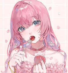 Rule 34 | 1girl, blue eyes, cherry blossom print, cherry blossoms, collar, crypton future media, falling petals, floral print, food, food in mouth, food request, fork, grid background, highres, holding, holding food, holding fork, kani samurai, looking at viewer, megurine luka, open mouth, petals, pink background, pink collar, pink hair, pink nails, sakura luka, sidelocks, solo, grid background, vocaloid