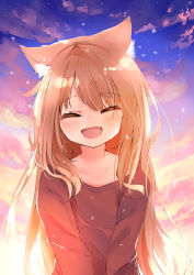 Rule 34 | 1girl, :d, ^ ^, absurdres, animal ear fluff, animal ears, backlighting, blush, brown hair, brown shirt, cat ears, closed eyes, cloud, cloudy sky, collarbone, facing viewer, fang, hamaru (s5625t), highres, long hair, long sleeves, open mouth, original, outdoors, shirt, sky, smile, solo, sunset, upper body, very long hair