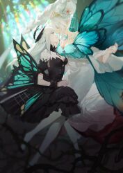 Rule 34 | 2girls, absurdres, armlet, black dress, blue eyes, breasts, butterfly wings, character request, chinese commentary, commentary, crown, detached collar, dress, final fantasy, final fantasy xiv, grey eyes, hand on another&#039;s cheek, hand on another&#039;s face, highres, insect wings, jewelry, jiemojiemo, liv: empyrea (dreamcatcher) (punishing: gray raven), liv: empyrea (punishing: gray raven), liv (punishing: gray raven), long braid, long hair, looking at another, looking down, looking up, medium breasts, multiple girls, necklace, pantyhose, pointy ears, thorns, titania (final fantasy), very long hair, white dress, white hair, white pantyhose, wings