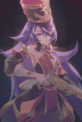 Rule 34 | 1girl, absurdres, antique firearm, bare shoulders, black background, black necktie, chevreuse (genshin impact), commentary, cowboy shot, detached collar, detached sleeves, dress, earmuffs, earmuffs around neck, eyepatch, firearm, genshin impact, gloves, gold trim, gun, hat, highres, holding, holding gun, holding weapon, long hair, looking at viewer, mole, mole under mouth, multicolored hair, necktie, parted lips, pointy hair, puffy detached sleeves, puffy sleeves, purple eyes, purple hair, rifle, shako cap, solo, standing, strapless, strapless dress, streaked hair, two-tone hair, very long hair, wamo (waamo 0322), weapon, white gloves, white hair