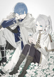 Rule 34 | 1boy, 1girl, absurdres, black pantyhose, blue hair, boots, capelet, cloak, elf, field, flower, flower field, frieren, grey hair, hand on own cheek, hand on own face, highres, himmel (sousou no frieren), holding, holding flower, knee boots, knees up, long sleeves, looking at another, luozhou pile, pantyhose, parted bangs, pointy ears, sitting, sousou no frieren, twintails, white capelet, white cloak