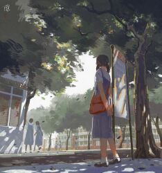 Rule 34 | 1girl, absurdres, arms behind back, bag, black footwear, blue dress, brown hair, building, commentary, day, dress, english commentary, falling leaves, from behind, full body, hand on handle, highres, leaf, low twintails, mary janes, medium dress, original, outdoors, people, railing, red bag, road, school uniform, shirt, shoes, short hair, short sleeves, short twintails, shoulder bag, sidewalk, signature, skirt, sleeveless, sleeveless dress, socks, solo focus, spaghetti strap, t-shirt, tree, twintails, white shirt, white skirt, white sleeves, white socks, yuine yuyin