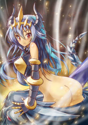 Rule 34 | 1girl, armor, ass, bare shoulders, blue hair, blush, cowboy shot, expressionless, eyebrows, from behind, frown, gauntlets, gradient hair, hair between eyes, highres, horns, long hair, looking at viewer, looking back, monster, monster girl, multicolored hair, red eyes, shinrabanshou, solo, sud (sudea), tiamatt