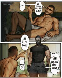 Rule 34 | 2boys, abs, arm tattoo, bara, bed, belt, black belt, black pants, black shirt, call of duty, call of duty: modern warfare 2, english text, ghost (modern warfare 2), highres, large pectorals, looking at another, lying, male focus, mask, multiple boys, muscular, muscular male, navel, nipples, on back, on bed, pants, pectorals, pillow, pointing, shirt, skull mask, smile, soap (modern warfare 2), tattoo, twitter username, umikochannart, yaoi