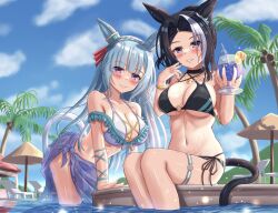 Rule 34 | 2girls, alternate costume, animal ears, black hair, blue hair, braid, breasts, commentary request, crown braid, fingernails, highres, horse ears, horse tail, jewelry, long hair, looking at viewer, medium breasts, medium hair, mejiro ardan (umamusume), mejiro ramonu (umamusume), multiple girls, necklace, palm tree, pool, rio (lio yuzu), siblings, sisters, sitting, sky, smile, tail, tree, umamusume, wet