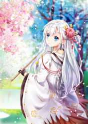 Rule 34 | 1girl, azur lane, bad id, bad pixiv id, bare tree, black gloves, blue eyes, blue sky, blunt bangs, blurry, blurry background, cherry blossoms, closed mouth, day, flower, from behind, gloves, hair flower, hair ornament, hair over shoulder, highres, holding, hood, hood down, japanese clothes, kimono, long hair, looking at viewer, looking back, mutang, nape, open mouth, outdoors, partially fingerless gloves, petals, pond, shoukaku (azur lane), sidelocks, silver hair, sky, smile, solo, tassel, tree, wide sleeves, wind
