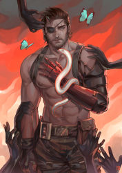 Rule 34 | 1boy, abs, absolum art, beard, blue eyes, brown hair, bug, butterfly, cowboy shot, eyepatch, facial hair, fingerless gloves, gloves, highres, insect, male focus, mechanical arms, metal gear (series), metal gear solid v: the phantom pain, muscular, nipples, pouch, scar, scar across eye, scar on face, single glove, single mechanical arm, snake, solo, stitches, topless male, venom snake, watermark