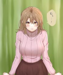 Rule 34 | 1girl, blonde hair, blush, breasts, cowboy shot, curtains, highres, isshiki iroha, large breasts, light (lightpicture33), looking at viewer, medium hair, pink sweater, pout, red skirt, skirt, solo, sweater, turtleneck, turtleneck sweater, yahari ore no seishun lovecome wa machigatteiru., yellow eyes