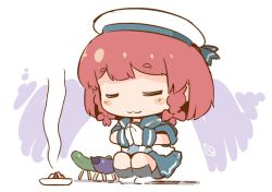 Rule 34 | 1girl, :3, beret, blush, commentary request, cucumber, eggplant, etorofu (kancolle), closed eyes, full body, gloves, hanomido, hat, kantai collection, praying, purple background, red hair, shouryouuma, solo, squatting, two-tone background, white background, white gloves
