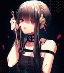 Rule 34 | 1girl, absurdres, bare shoulders, black dress, black hair, blood, blood on face, breasts, dress, earrings, hair ornament, headband, highres, jewelry, lightning, medium breasts, red eyes, solo, spy x family, sweetmeloday, weapon, yor briar