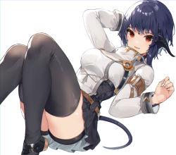 Rule 34 | 1girl, akizone, arm behind head, ass, au ra, warrior of light (ff14), belt, black footwear, black skirt, black thighhighs, breasts, brown belt, dragon tail, final fantasy, final fantasy xiv, foot out of frame, highres, jacket, knees up, large breasts, long sleeves, looking at viewer, lying, miniskirt, on back, open mouth, original, pleated skirt, purple hair, red eyes, renz (rirene rn), scales, simple background, skirt, smile, solo, tail, thighhighs, white background, white jacket