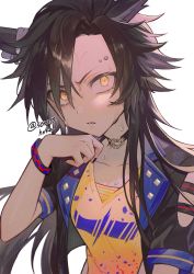 Rule 34 | 1girl, absurdres, air shakur (umamusume), animal ears, black hair, black jacket, choker, collared shirt, constricted pupils, eyebrow piercing, hand up, highres, horse ears, jacket, long hair, looking at viewer, open clothes, open jacket, open mouth, piercing, shirt, short sleeves, simple background, solo, sorata (sorata hnkn), sweat, twitter username, umamusume, upper body, v-shaped eyebrows, white background, wristband, yellow shirt