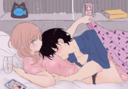 Rule 34 | 1boy, 1girl, alarm clock, bed, black hair, black panties, blue shirt, blush, brown hair, cellphone, clock, closed eyes, closed mouth, clothes pull, commentary, curtains, green eyes, hetero, indoors, lace, lace-trimmed panties, lace trim, lying, medium hair, misa aren, motion lines, on back, on bed, on person, original, pajamas, panties, pants, pants pull, phone, pink pants, pink shirt, shirt, short hair, short sleeves, sleeping, sleepwear, smartphone, translated, twitter username, under covers, underwear