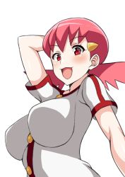 Rule 34 | 1girl, arm behind head, blush, breasts, creatures (company), dutch angle, game freak, gym leader, large breasts, looking at viewer, nintendo, pink hair, pokemon, pokemon hgss, red eyes, simple background, smile, solo, tawashi1623, twintails, upper body, white background, whitney (pokemon)