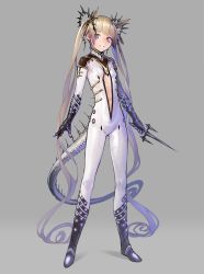 Rule 34 | 1girl, absurdly long hair, absurdres, blonde hair, blue eyes, blunt bangs, bodysuit, boots, breasts, center opening, commentary, dagger, deluxe&lt;&lt;&lt;, elbow gloves, full body, gloves, gradient hair, grey background, grey hair, hair ornament, highres, knee boots, knife, long hair, looking at viewer, multicolored hair, navel, original, parted lips, simple background, small breasts, smile, solo, spikes, standing, tail, twintails, very long hair, weapon, white bodysuit