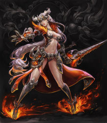 Rule 34 | 1girl, armor, boots, breasts, cleavage, demon girl, fantasy, female focus, fire, full body, heroine (dq4), holding, holding sword, holding weapon, knee boots, long hair, magical girl, outstretched arm, solo, sword, very long hair, warrior, weapon