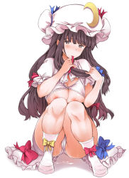 Rule 34 | 1girl, blush, bow, bra, bra lift, breasts, hair bow, hat, long hair, looking at viewer, mogg, mouth hold, nipples, panties, patchouli knowledge, purple eyes, purple hair, simple background, solo, squatting, touhou, underwear