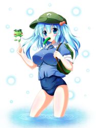 Rule 34 | 1girl, backpack, bag, blue eyes, blue hair, blush, breasts, bubble, covered navel, cucumber, female focus, hair bobbles, hair ornament, hat, kappa, kawashiro nitori, key, large breasts, one-piece swimsuit, osashin (osada), ripples, school swimsuit, short hair, skirt, sleeves rolled up, swimsuit, swimsuit under clothes, touhou, twintails, two side up, water