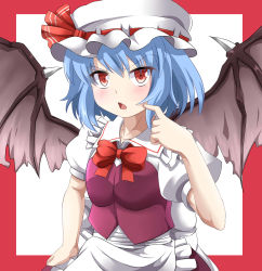 Rule 34 | 1girl, 422322, absurdres, apron, bad id, bad pixiv id, bat wings, blue hair, blush, e.o., female focus, hat, hat ribbon, highres, maid, maid apron, open mouth, puffy sleeves, red eyes, remilia scarlet, ribbon, short hair, short sleeves, skirt, solo, touhou, vest, wings