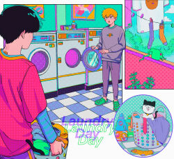 Rule 34 | 2boys, absurdres, animal, animalization, black hair, blonde hair, cat, clothesline, cm wm, commentary request, crocs, english text, green footwear, grey pants, grey shirt, highres, indoors, kageyama shigeo, laundromat, laundry, laundry basket, long sleeves, looking at another, male focus, mob psycho 100, multiple boys, open mouth, pants, pink shirt, reigen arataka, shirt, short hair, smile, spirit, standing, unworn socks, washing machine