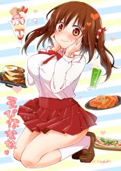 Rule 34 | 10s, 1girl, blush, breasts, brown eyes, brown hair, ebina nana, food, fruit, hamburger steak, hands on own cheeks, hands on own face, heart, heart-shaped pupils, highres, himouto! umaru-chan, ice cream, large breasts, long hair, looking at viewer, merryhachi, parfait, pasta, pizza, school uniform, shirt, skirt, solo, spaghetti, sundae, symbol-shaped pupils, twintails, wavy mouth